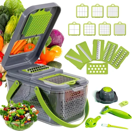 Coupe-légumes multifonctionnel Mandoline Coupe-oignons 22 en 1 Coupe-légumes amélioré avec récipient