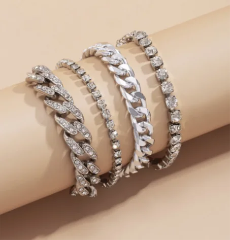 European and American fashion simple jewelry full of rhinestone Cuban buckle personality hip-hop suit bracelet for women party