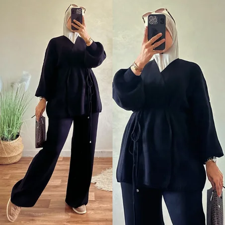 طقم أنثوي ناعم يتكون من كيمونو  بحزام + سروال