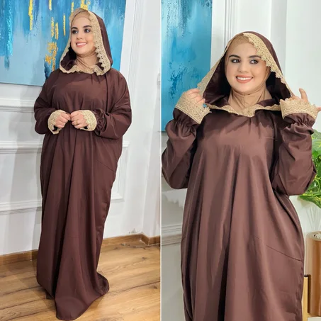 طقم الصلاة من قطعتين كريب روزا : عباية + فولار مخيط معاها