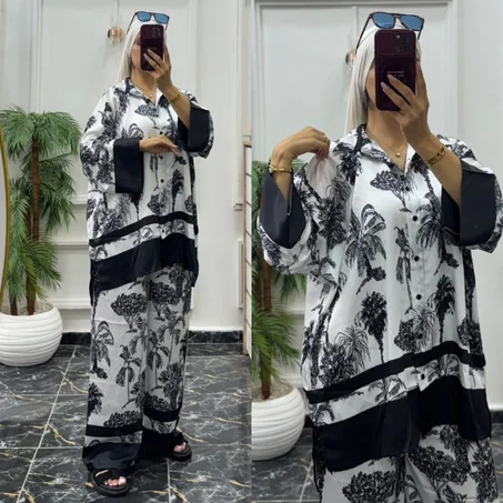 ✨  طقم ساتان من قطعتين بتصميم مطبوع ومميز ✨
