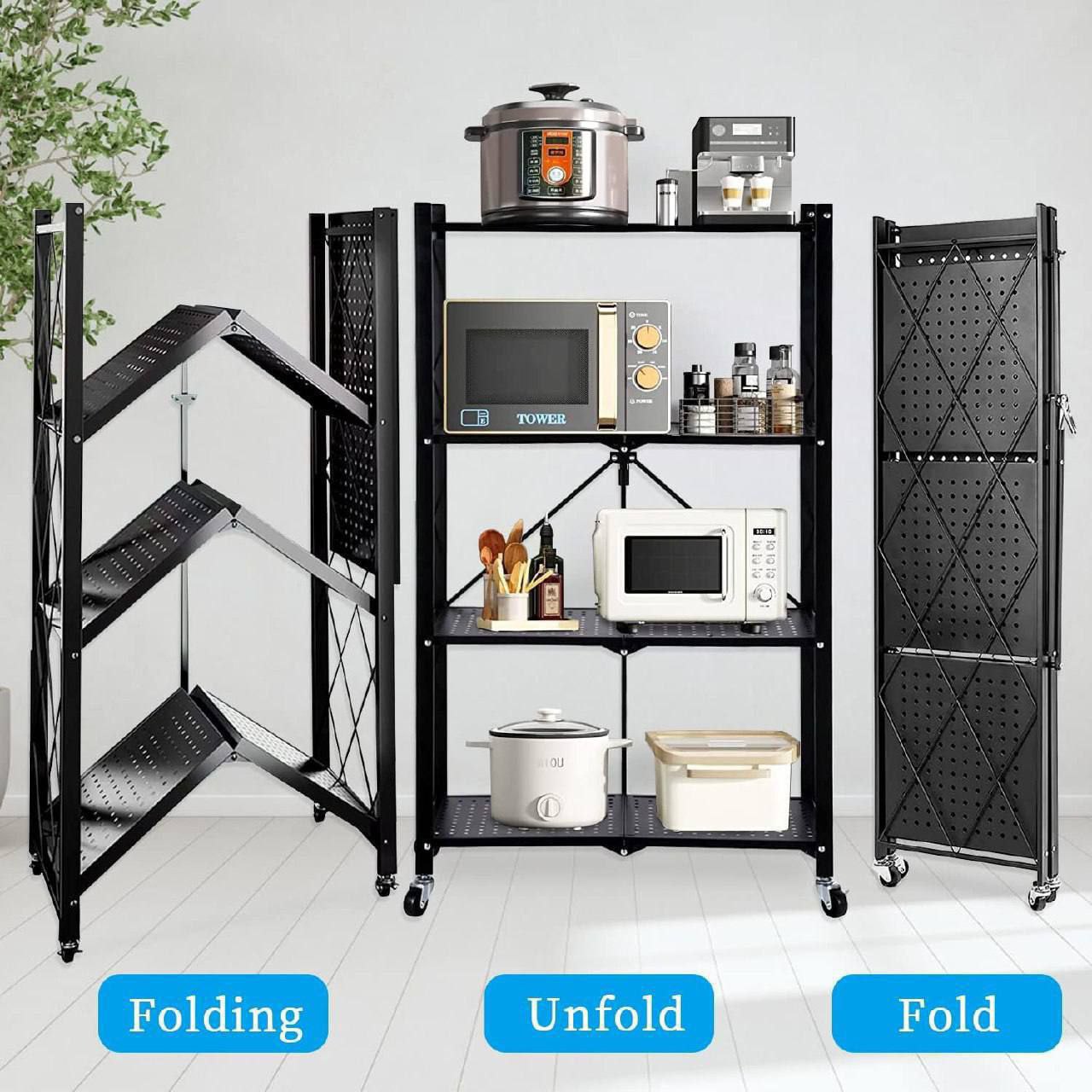 Étagère en Métal Pliable avec 4 Couches et Roues – Solution de Rangement Robuste et Mobile