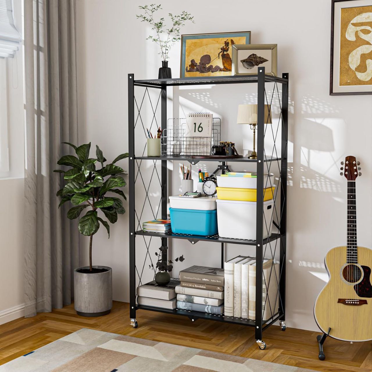 Étagère en Métal Pliable avec 4 Couches et Roues – Solution de Rangement Robuste et Mobile
