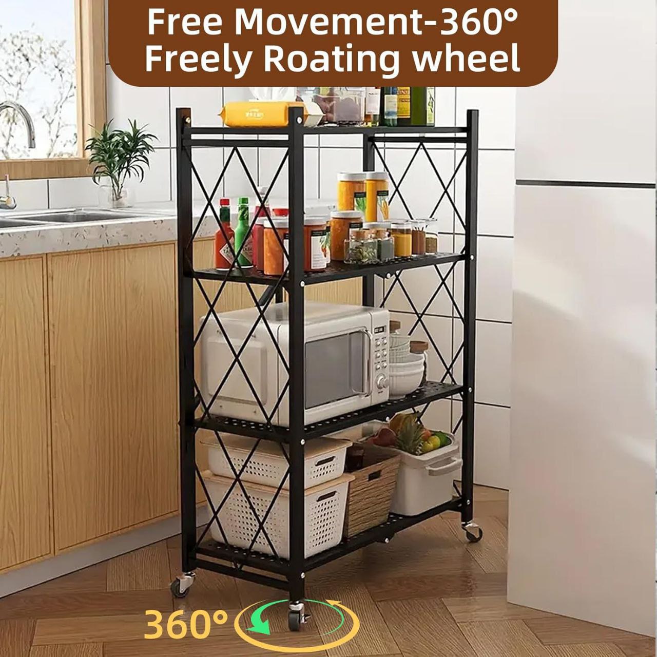Étagère en Métal Pliable avec 4 Couches et Roues – Solution de Rangement Robuste et Mobile