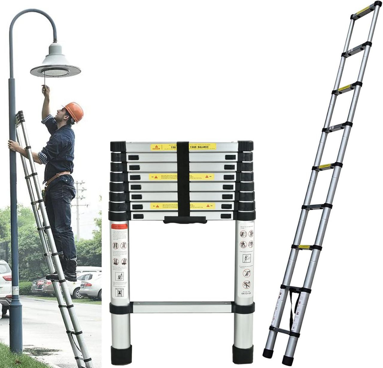 Echelle télescopique aluminium 13 marches H 5,2 m avec barre stabilisatrice