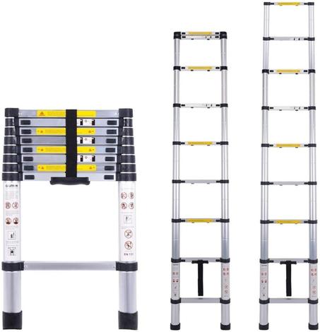 Echelle télescopique aluminium 13 marches H 5,2 m avec barre stabilisatrice