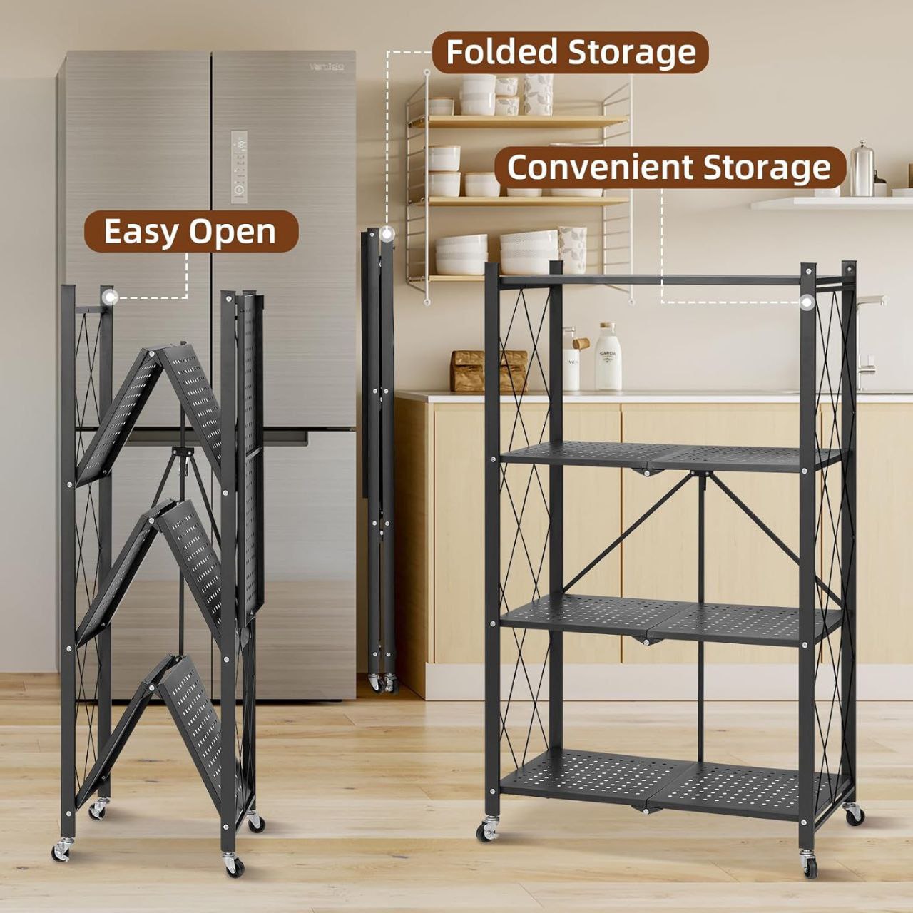 Étagère en Métal Pliable avec 4 Couches et Roues – Solution de Rangement Robuste et Mobile