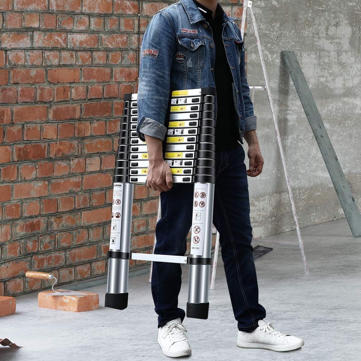 Echelle télescopique aluminium 13 marches H 5,2 m avec barre stabilisatrice