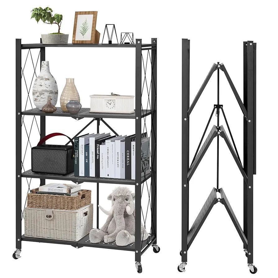Étagère en Métal Pliable avec 4 Couches et Roues – Solution de Rangement Robuste et Mobile