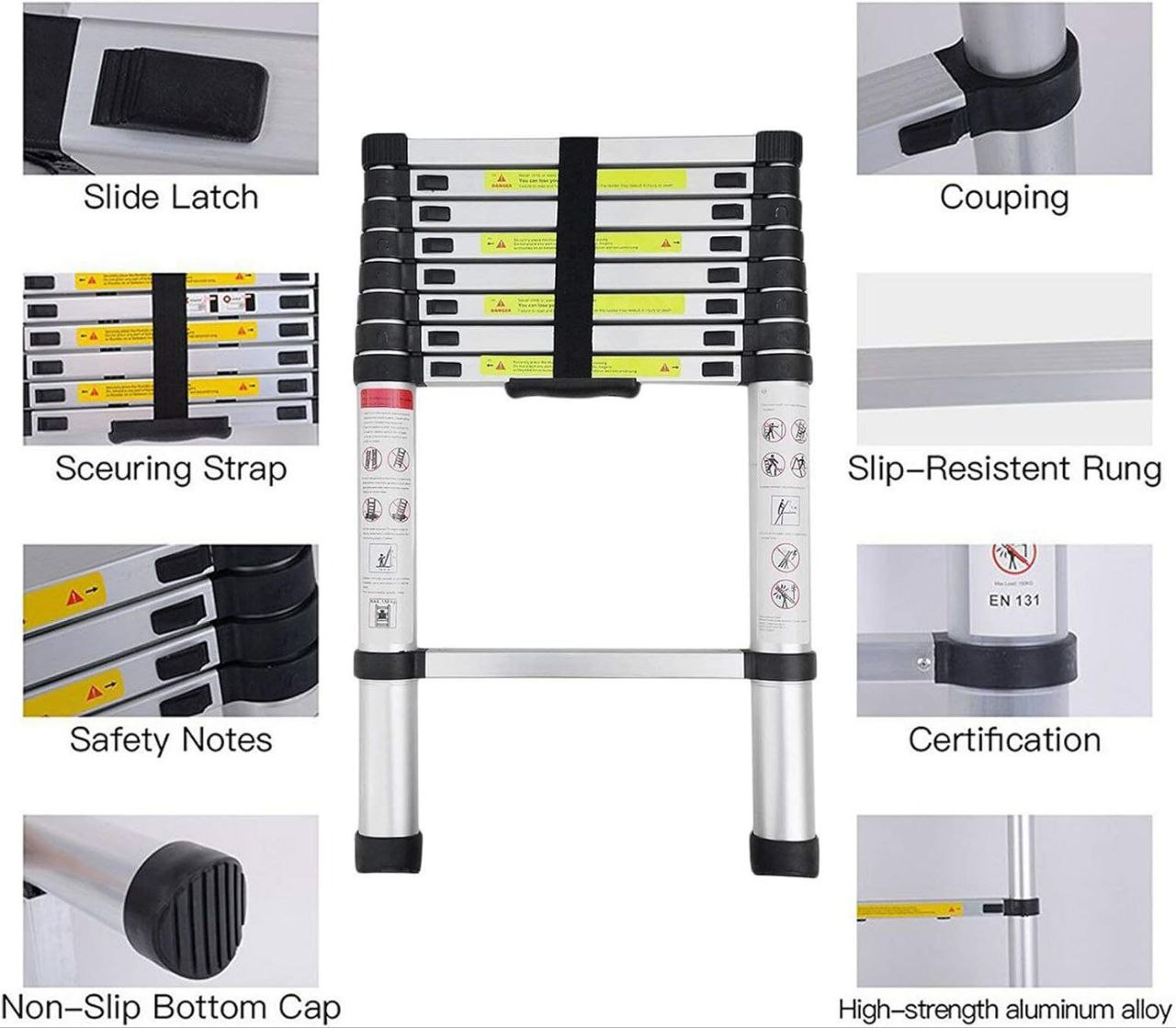 Echelle télescopique aluminium 13 marches H 5,2 m avec barre stabilisatrice