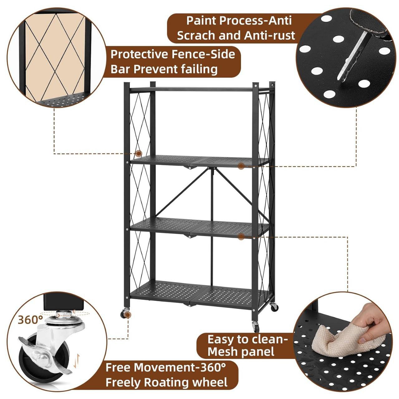 Étagère en Métal Pliable avec 4 Couches et Roues – Solution de Rangement Robuste et Mobile