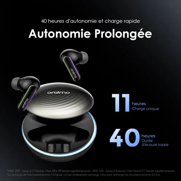 oraimo SpaceBuds Ecouteurs à réduction de bruit ANC 50dB avec personnalisation des commandes vocales