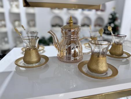 Service à Thé en Verre 6 Pièces Doré