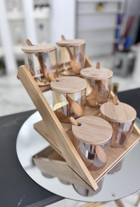 Set Portes épices 6 pièces en verre avec support en  bois