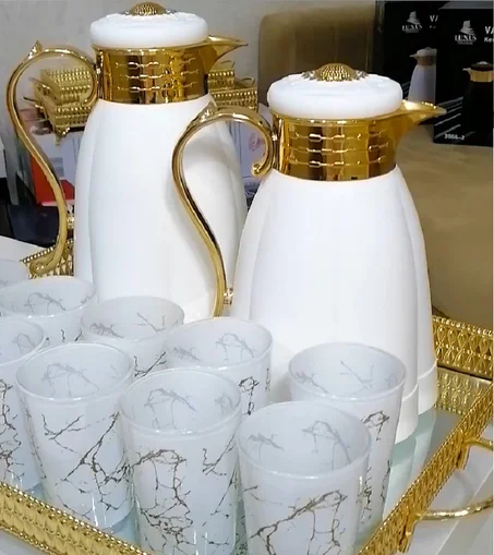2 بلاطو بريستيج + 2 طرموسات كبار + 12 كاس رخامة