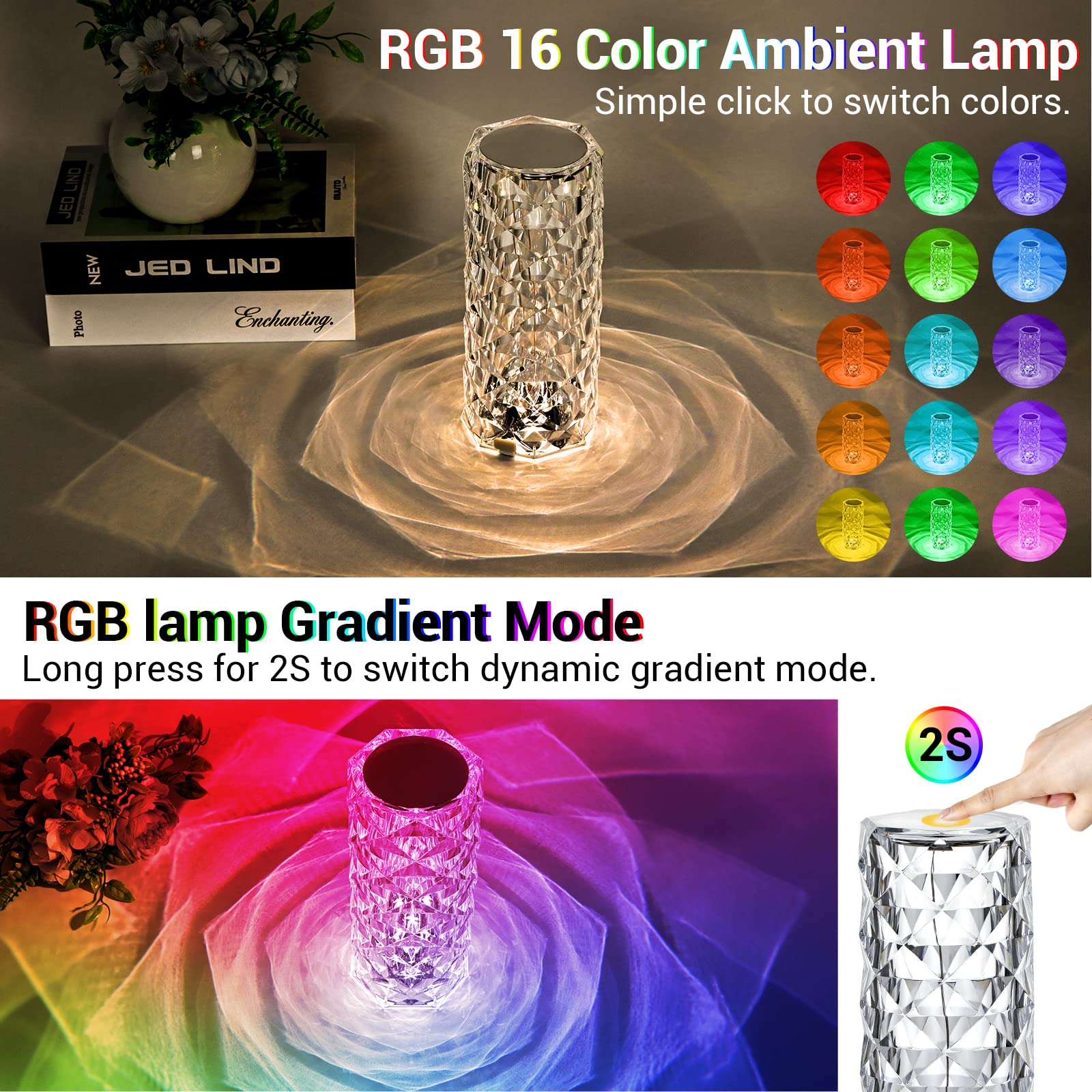 Lampe de table USB cristal DEL diamant rose barre veilleuse tactile lampes d