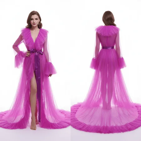 روب لانجري طويل شفاف من تول بكشاكش وحزام، مقاس واحد ستاندار للنساء.