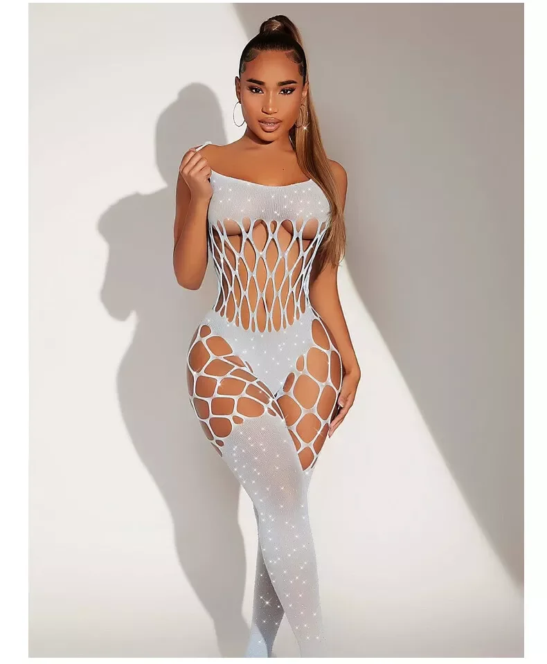 بودي ستوكينغ شبكي حرّ مزين بأحجار كريستال لامعة، مقاس واحد (Free Size).​