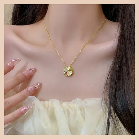 Collier magnétique trèfle a 4 cœurs en acier inoxydable