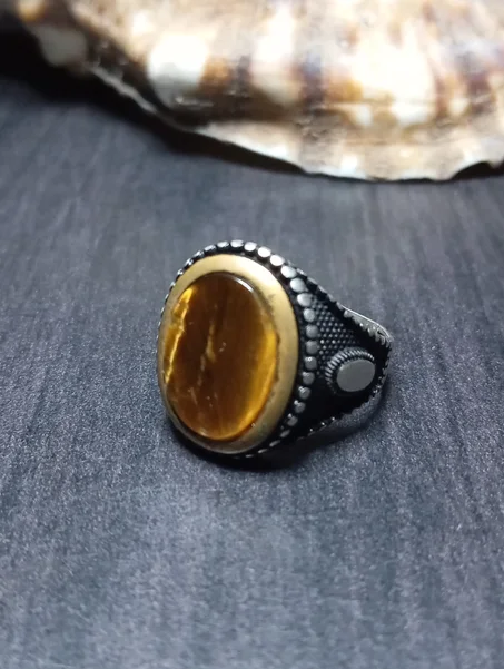 خاتم رجالي فضة عيار 925 حجر عين النمر