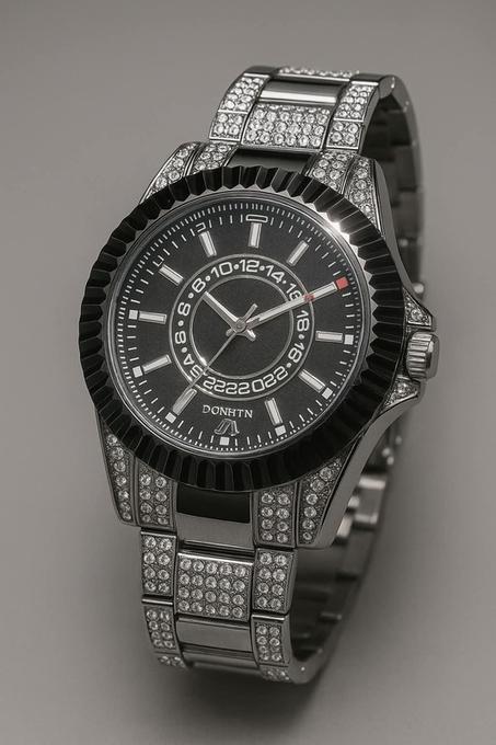 Title: Orlendo Diamond Chrono Black – Luxury Steel Watch