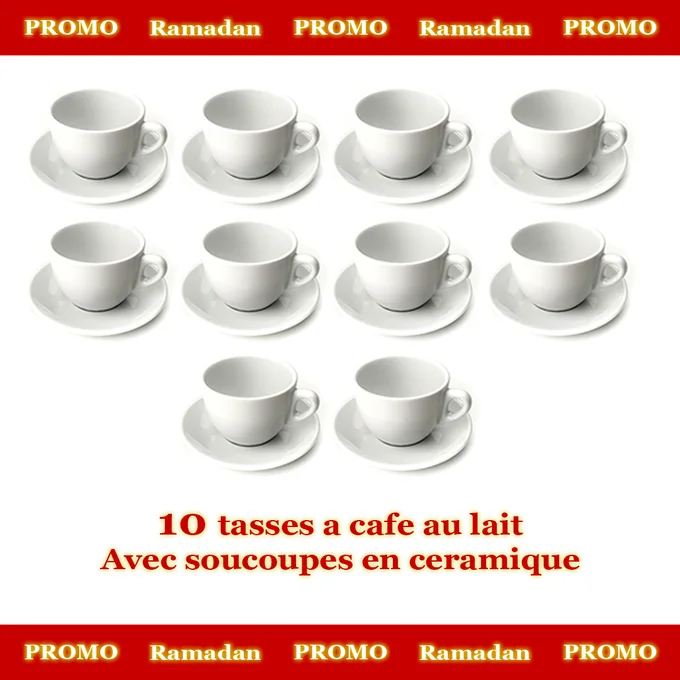 Pack de 10 tasses a cafe au lait avec soucoupes en ceramique
