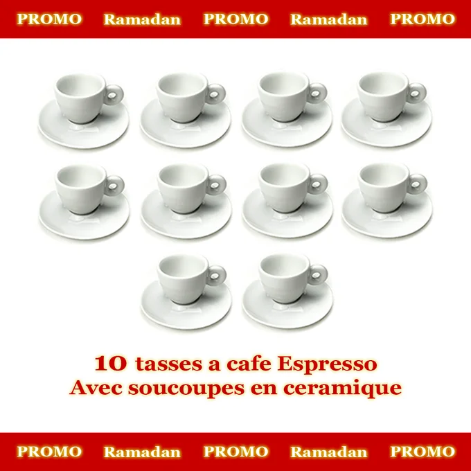 Pack de 10 tasses a cafe Espresso avec soucoupes en ceramique