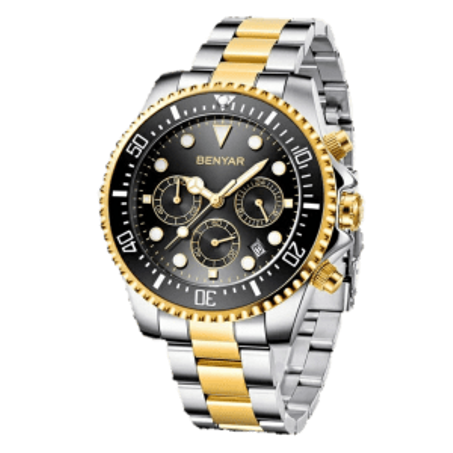 BENYAR BY-5154C - ساعة كرونوغراف فاخرة للرجال بسوار من الفولاذ المقاوم للصدأ - أسود وذهبي