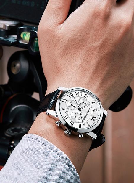 ساعات رجالية العلامة التجارية الفاخرة موضة الرياضة كوارتز المعصم حزام من الجلد ساعة كرونوغراف