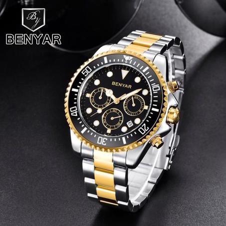 BENYAR-ساعات رجالية من الفولاذ المقاوم للصدأ ، كرونوغراف رياضي فاخر ، كوارتز ، مقاومة للماء