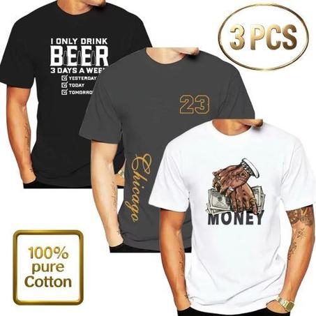 Lot De 3 T-Shirt 100% Coton à Manches Courtes Pour Hommes - Blanc/Bleu/Gris