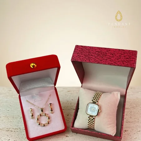 Coffret  Élégance – Pack Parure Collier, Boucles d'Oreilles et Montre Dorée Rose | Bijoux Femme Élégance Quotidienne