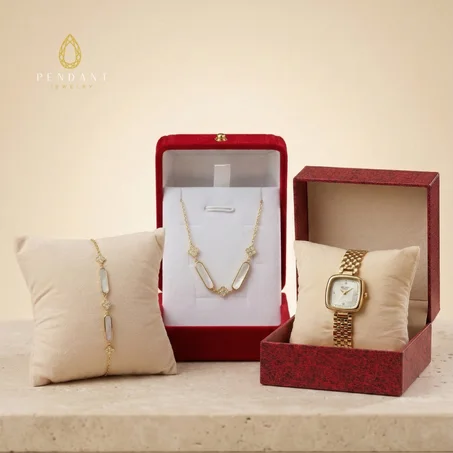 Coffret Lumière – Pack Bijoux Bracelet, Collier et Montre Dorée | Cadeau Luxe pour Femme