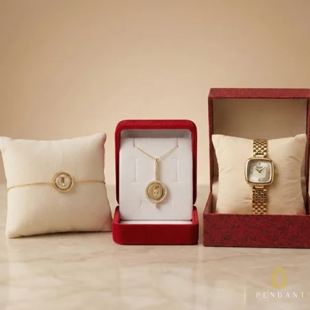 Coffret Éclat – Pack Bracelet Médaillon, Collier Serti et Montre Dorée | Cadeau Luxe Femme