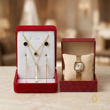 Coffret Ombré – Pack Parure Collier Double Rang, Boucles d'Oreilles et Montre Dorée | Bijoux Femme Luxe