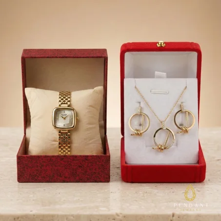 Céleste – Coffret Parure Collier, Boucles d'Oreilles et Montre Dorée | Cadeau Femme Premium