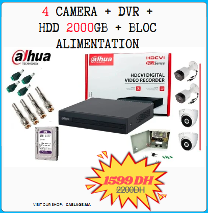 Dahua PACK  Complet A-Z caméra DVR 4CH + 4 caméras 2MP 4BNC + 4DC + disque dur
