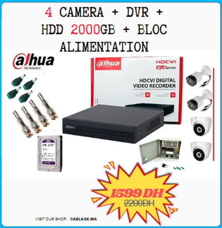 Dahua PACK  Complet A-Z caméra DVR 4CH + 4 caméras 2MP 4BNC + 4DC + disque dur