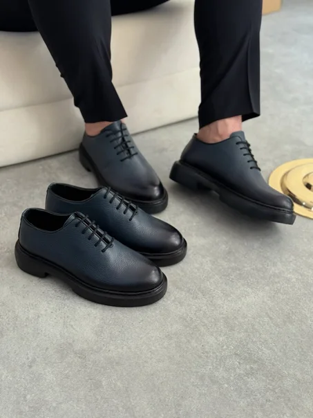 Chaussures Derby en Cuir Grainé à Semelle Épaisse - Blue