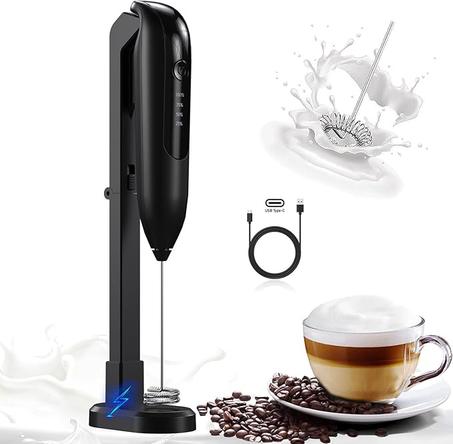 صانع رغوة حليب كهربائي محمول باليد، 1200mAh قابل لاعادة الشحن مع حامل، صانع رغوة كهربائي اوتوماتيكي للقهوة واللاتيه والكابتشينو والشوكولاتة الساخنة والبيض وغيره