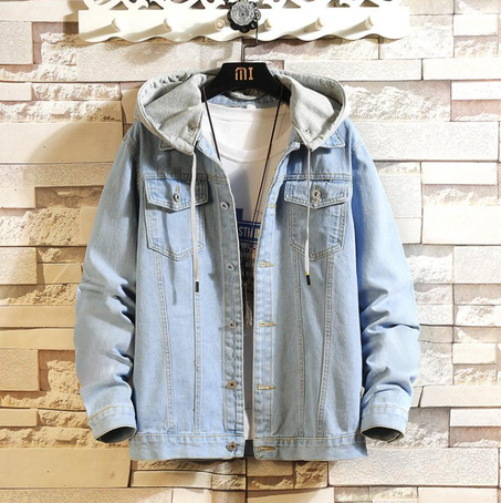 جاكيت جينز أزرق للرجال بقلنسوة كاجوال رجالي جاكيتات جينز ملابس الشارع لون سادة ياقة مطوية معاطف جينز رجالي جاكيتات قبعة قابلة للفصل