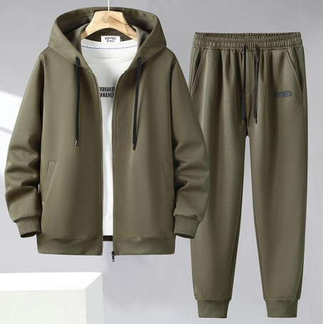 طقم رجالي رياضي فضفاض بمقاس كبير للربيع والخريف مكون من سترة بغطاء رأس وبنطلون رياضي بلون سادة مكون من قطعتين