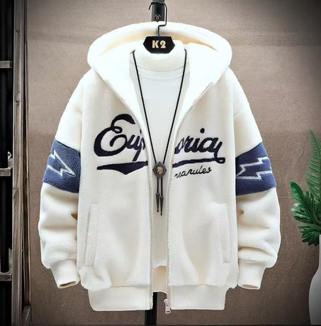 جاكيت رجالي شتوي كبير الحجم ودافئ فضفاض قصير بغطاء رأس وسحاب وياقة مطوية وقمصان رياضية خارجية