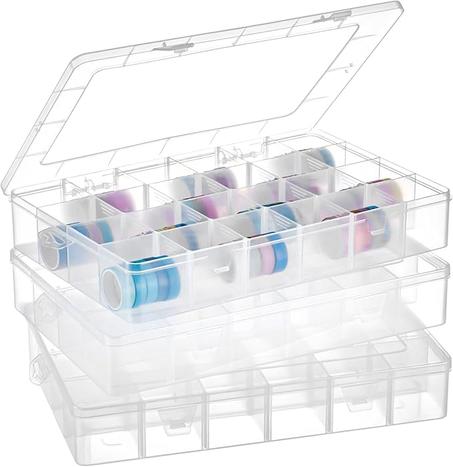 Leinuosen Paquete de 3 cajas organizadoras grandes de plástico de 24 rejillas, organizador de cinta Washi transparente, divisores de almacenamiento ajustables para joyas, manualidades, cintas