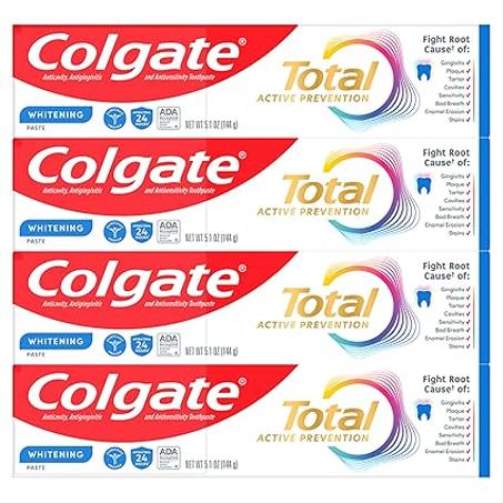 Colgate Pasta dental blanqueadora total con flúor, 10 beneficios, incluyendo alivio de sensibilidad y eliminación de manchas, menta, 5.1 onzas (paquete de 4)