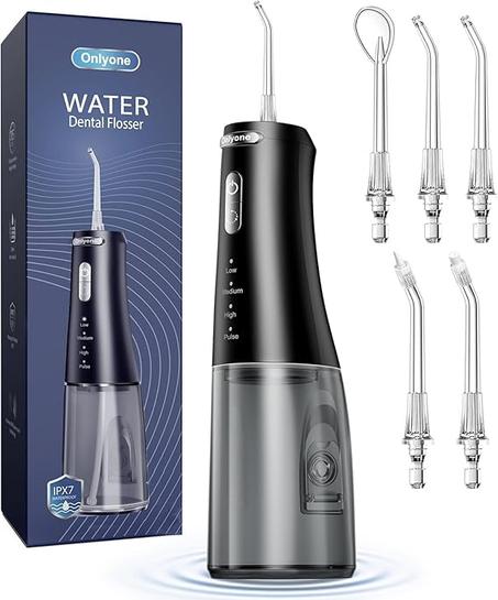 Onlyone Irrigador dental de agua, irrigador oral portátil de 10.1 fl oz para dientes, 4 modos y 5 puntas de chorro, limpiador de riego recargable, máquina de hilo dental eléctrico, hilo denta