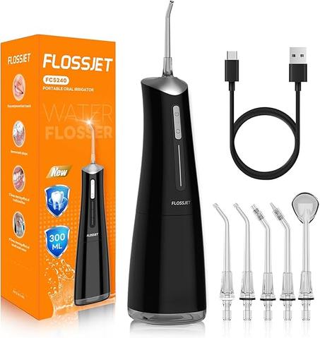 Irrigador bucal inalámbrico con 10.1 fl oz, 5 puntas, 4 modos, USB, cargador portátil, limpiador de riego IPX7, irrigador eléctrico dental para limpieza de dientes (negro)