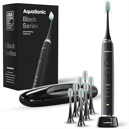 Cepillo de dientes AquaSonic Black Series, ultrablanqueador, 8 cabezales de cepillo DuPont y funda de viaje incluidos, motor ultrasónico de 40.000 VPM y carga inalámbrica, 4 modos con tempori