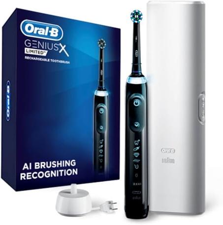 Oral-B Genius X Limited, cepillo de dientes eléctrico recargable con inteligencia artificial, 1 cabezal de cepillo de repuesto, 1 estuche de viaje, negro medianoche (el color del estuche de v