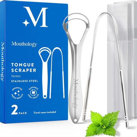 Mouthology Raspador de lengua para adultos (paquete variado), reduce el mal aliento, raspador de lengua de metal, limpiador de lengua, raspador de lengua, raspador de lengua de acero inoxidab